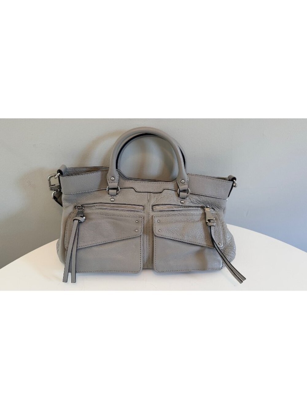 Aimee Kestenberg Grey Leather Satchel W/ Top Handles & Adjustable Shoulder Strap